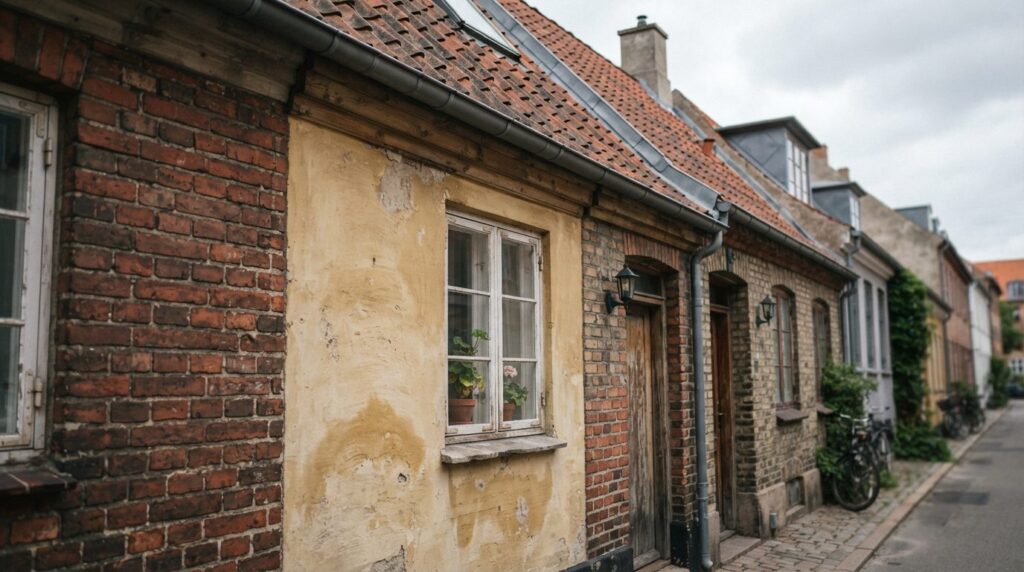 Tæt på detaljer af mursten, tagsten og rammekonstruktioner på facade med fugtighedsplet på malet væg.