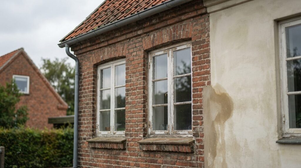 Nærbillede af murværk, tag, vinduesramme og fugtplet på en malet husfacade.