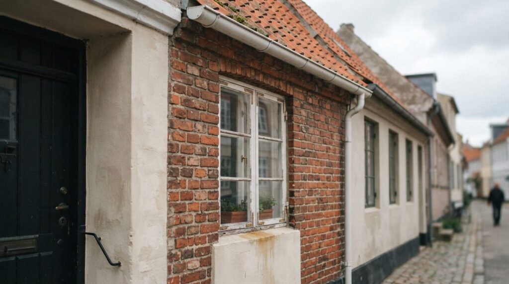 Gamle mursten, tagsten og vindueskarm på hus med fugtighedsplet på væg i dæmpet dagslys.