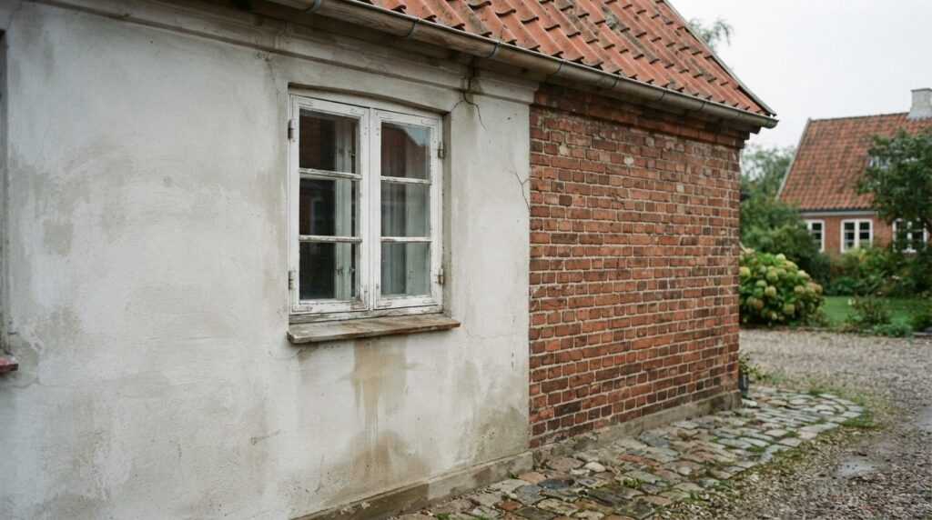 Flisebelagt indkørsel med ujævnheder og løse fliser i overfladen.