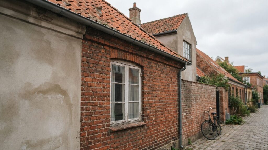 Nærbillede af mursten, tagpap og gamle vinduesrammer på en bygningsfacade med svag fugtighedsplet på væg.