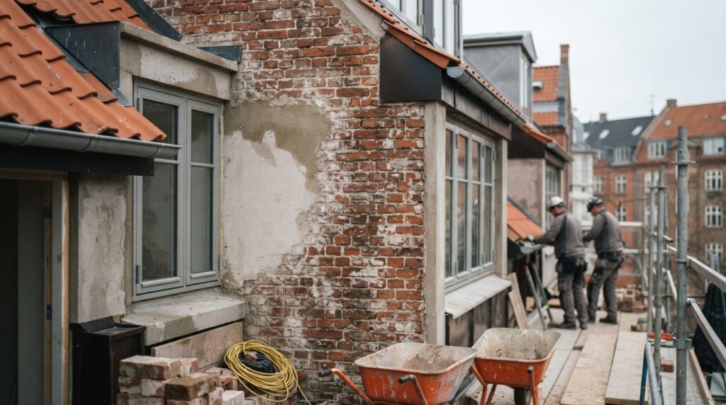 Detaljer af murværk, tagsten, vinduesrammer og slidt puds på bygningsfacade i dæmpet dagslys.